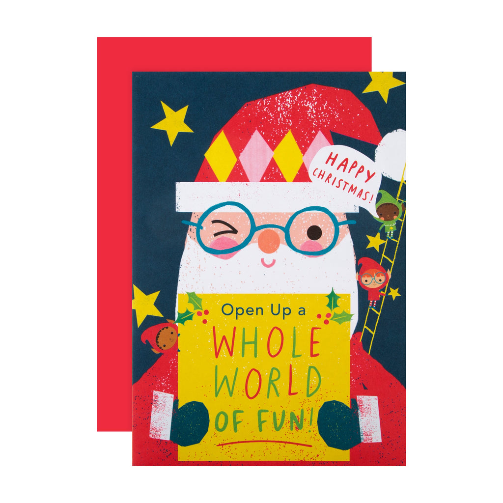 Christmas Card for Kids - Santa Claus Whole World of Fun Colourful Design with Matt Finish and Stickers