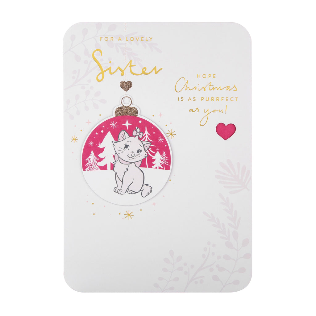 Christmas Card for Sister - Cute Disney™ Marie Bauble Design with 3D Add On and Gold Foil