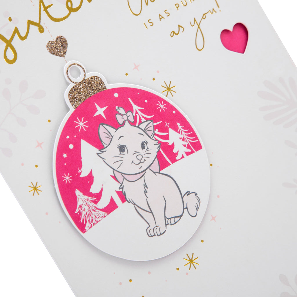 Christmas Card for Sister - Cute Disney™ Marie Bauble Design with 3D Add On and Gold Foil