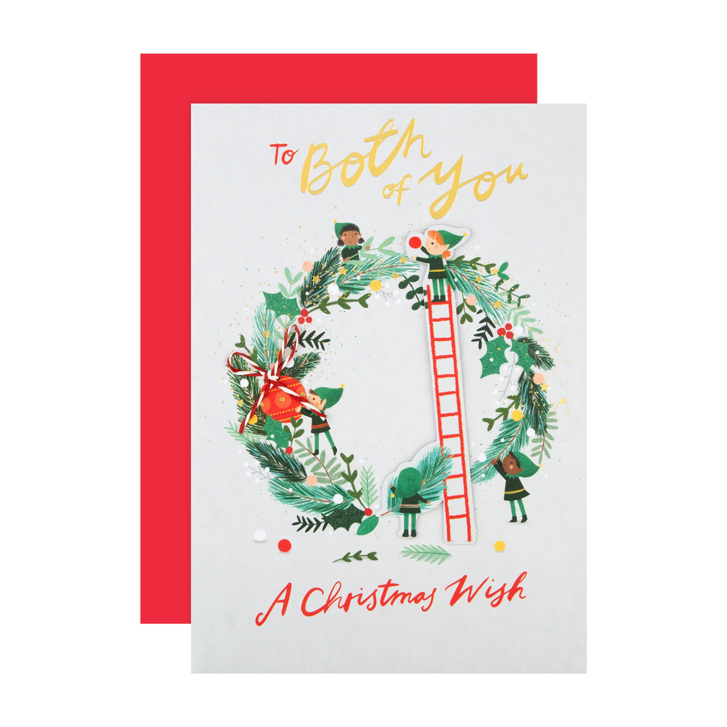 Christmas Card for Both of You - Cute Wreath Making Elves Design with 3D Add On and Gold Foil