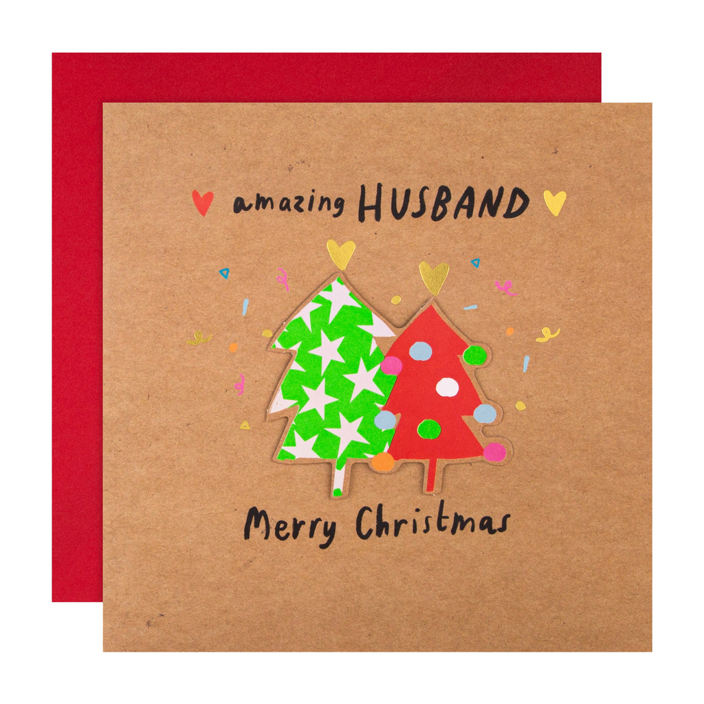 Christmas Card for Husband - Contemporary Colourful Trees Design with Gold Foil and 3D Add On