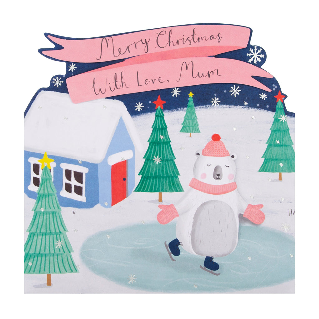 Christmas Card for Mum - Cute Die Cut Winter Skating Design with Silver Foil and 3D Add On