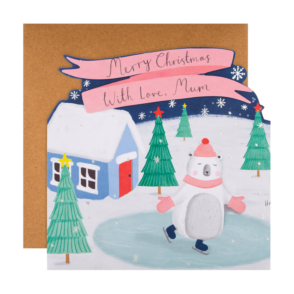 Christmas Card for Mum - Cute Die Cut Winter Skating Design with Silver Foil and 3D Add On