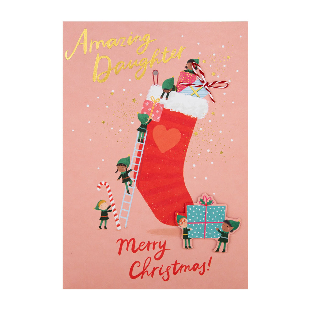 Christmas Card for Daughter - Cute Stocking Filler Elves Design with 3D Add On and Gold Foil