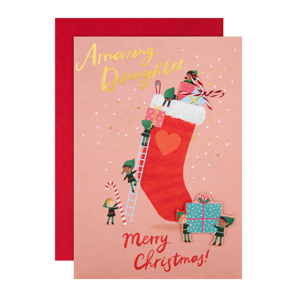 Christmas Card for Daughter - Cute Stocking Filler Elves Design with 3D Add On and Gold Foil