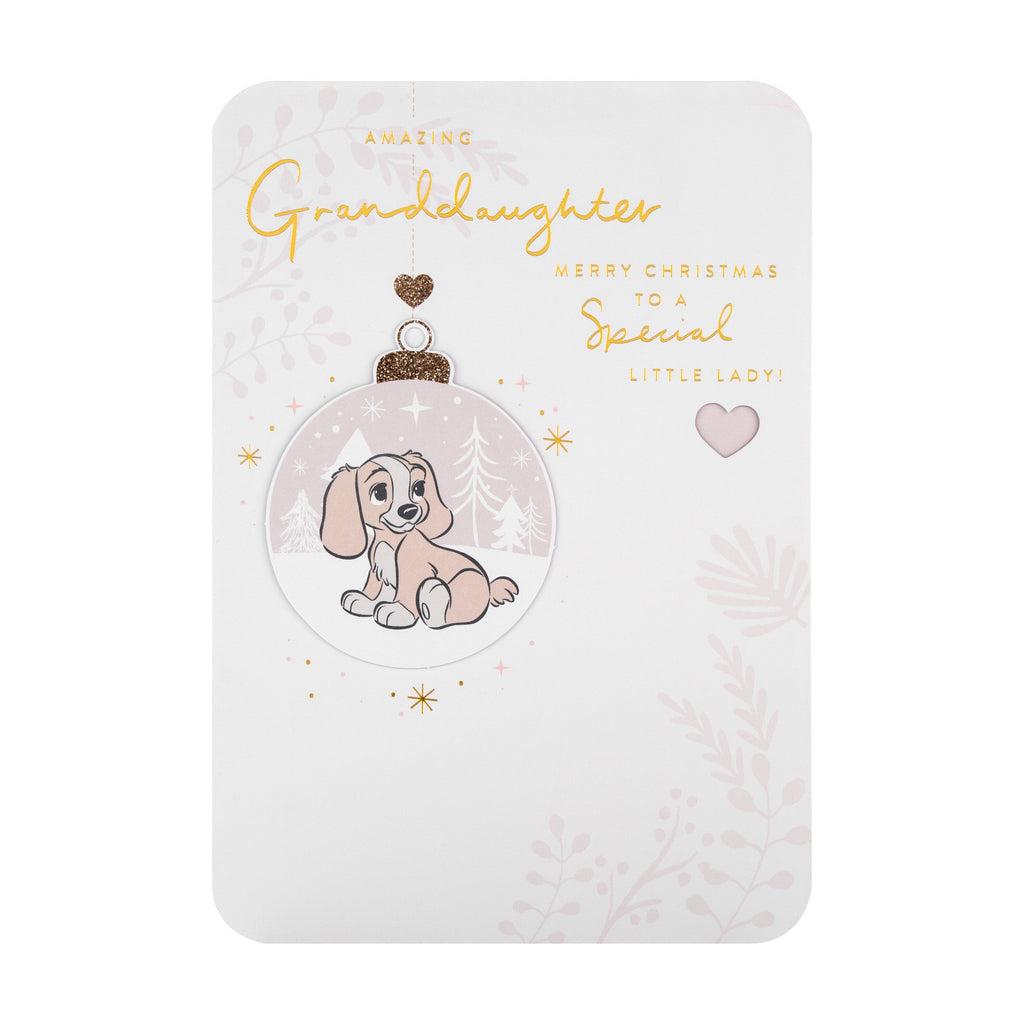 Christmas Card for Granddaughter - Disney™ Lady Cute Ornament Design with a 3D Add on and Gold Foil