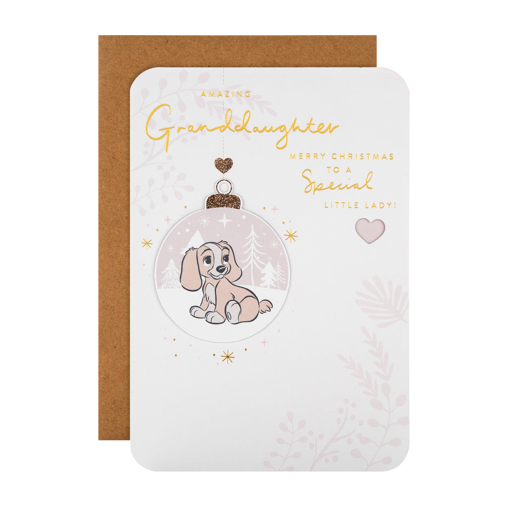 Christmas Card for Granddaughter - Disney™ Lady Cute Ornament Design with a 3D Add on and Gold Foil
