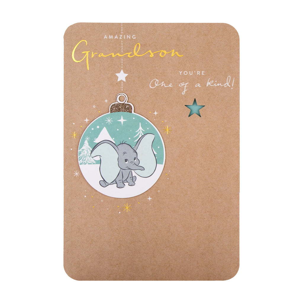 Christmas Card for Grandson - Disney™ Dumbo Cute Ornament Design with a 3D Add on and Gold Foil