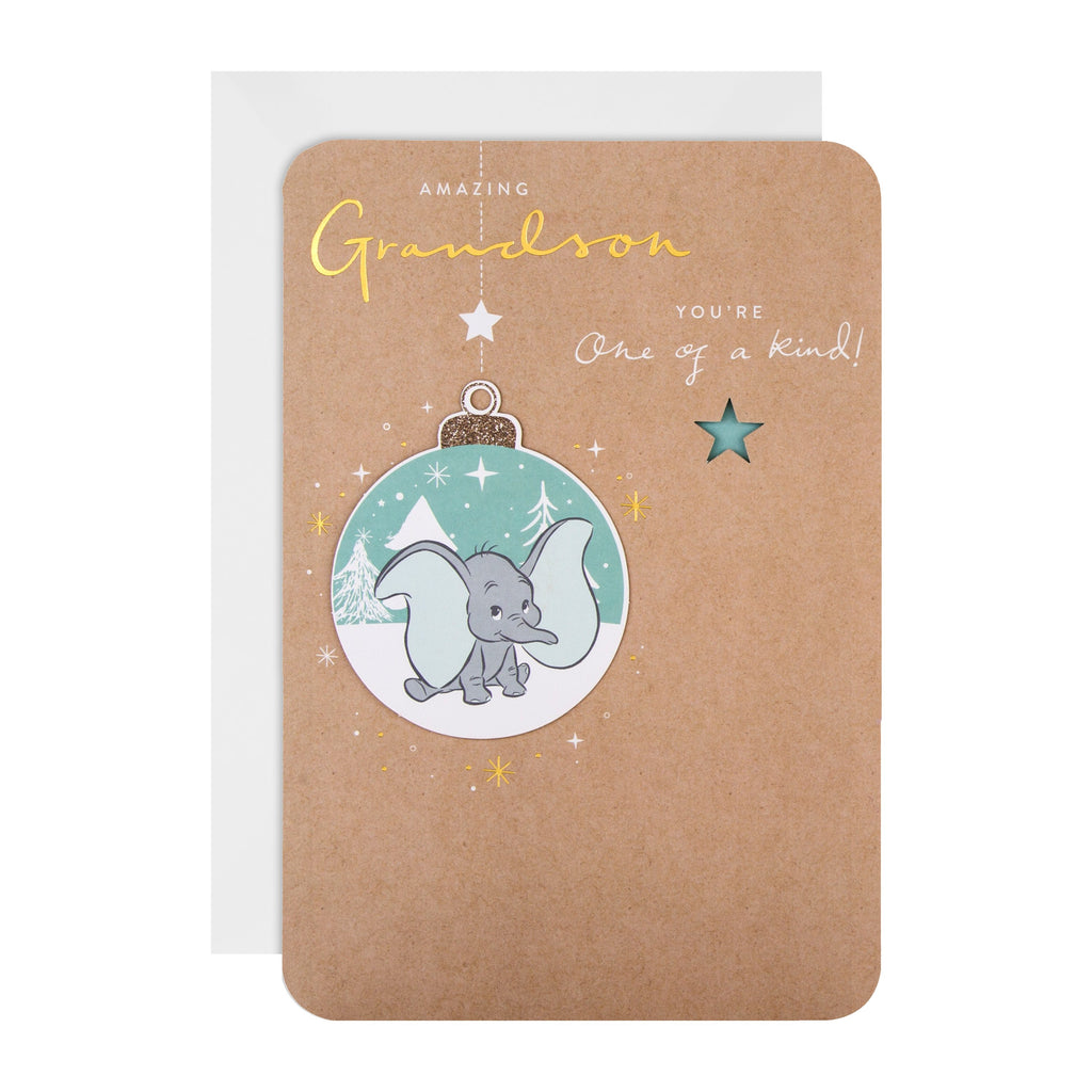 Christmas Card for Grandson - Disney™ Dumbo Cute Ornament Design with a 3D Add on and Gold Foil
