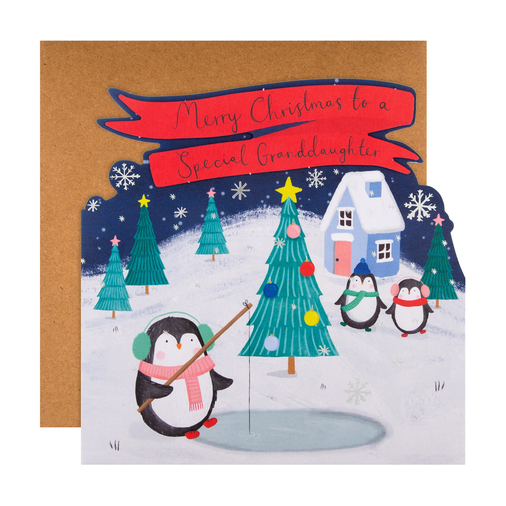 Christmas Card for Granddaughter - Cute Winter Penguins Die Cut Design with 3D Add On and Silver Foil