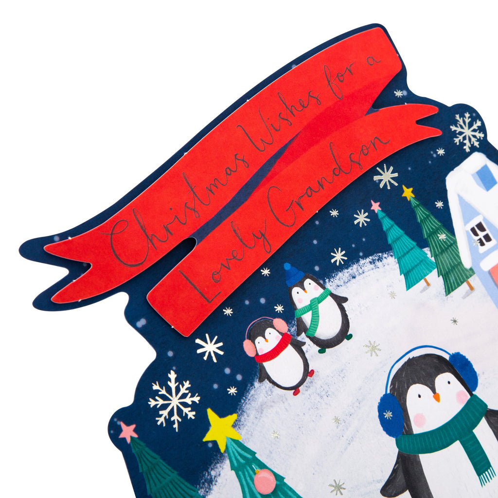 Christmas Card for Grandson - Cute Winter Penguins Die Cut Design with 3D Add On and Silver Foil