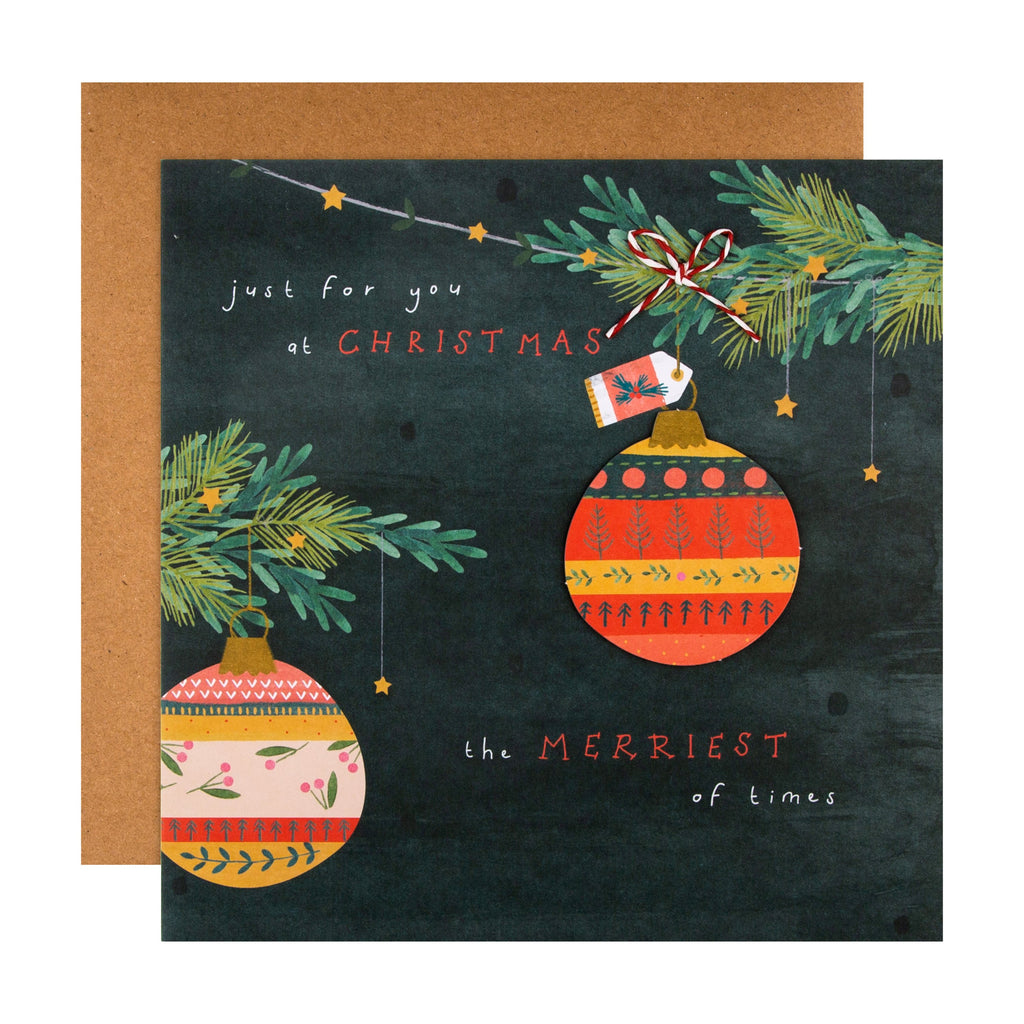 General Christmas Card - Classic Festive Baubles Design with 3D Add On and Paper Chain Insert