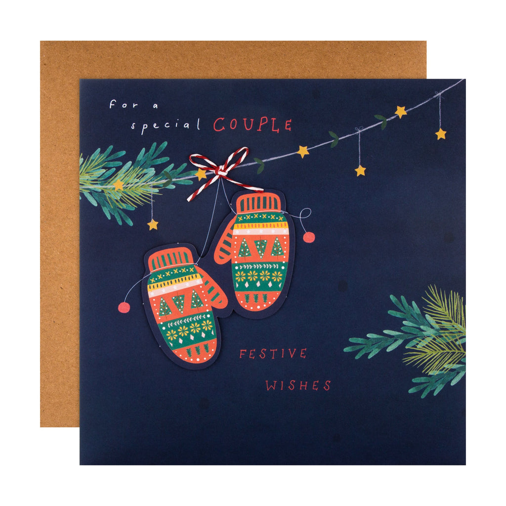 Christmas Card for Special Couple - Classic Mittens Design with 3D Add On and Paper Chain Insert