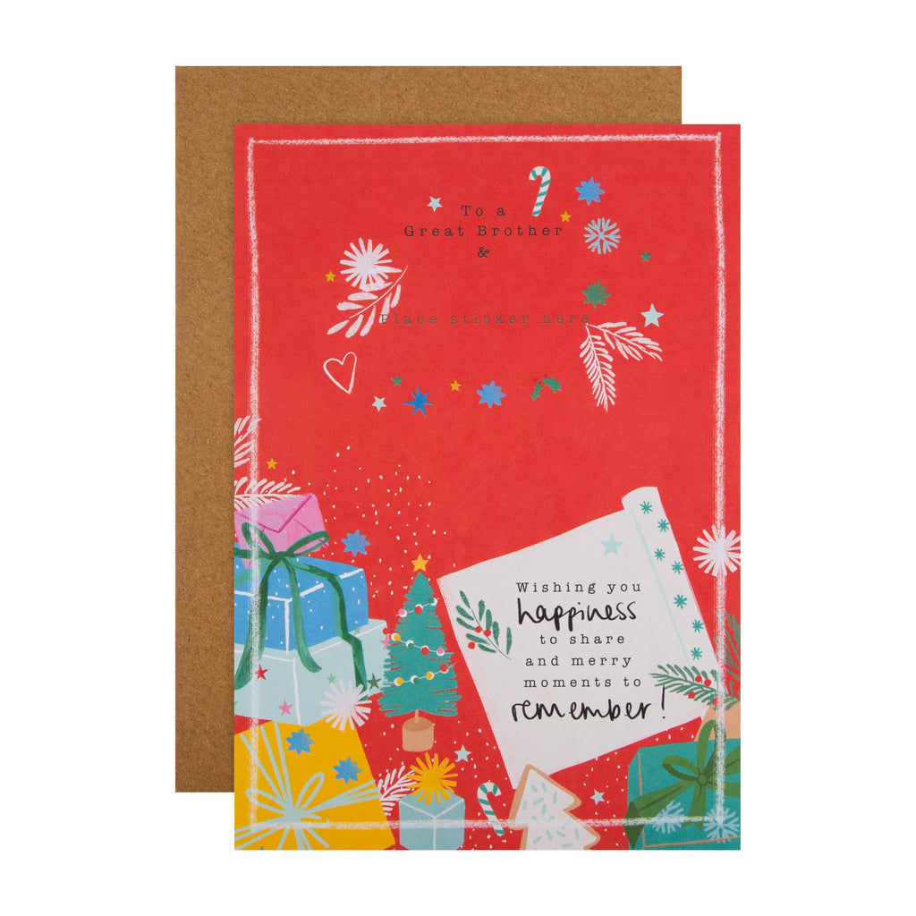 Christmas Card for Brother - Contemporary Customisable Design with Sticker Sheet Insert