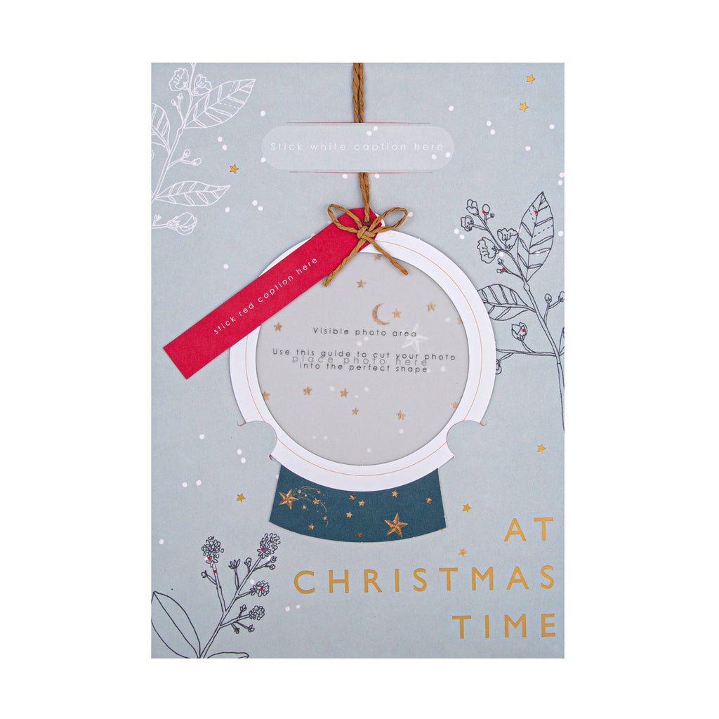 Personalisable Christmas Card - Blue and Red Photo Frame Bauble Design