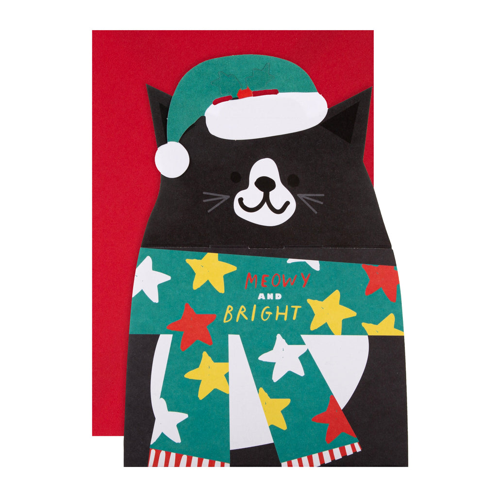 General Christmas Card - Cute Die Cut Festive Cat Design