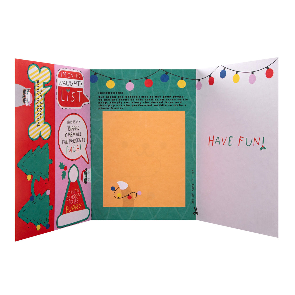 Christmas Card for Pets - Cute Merry Mischief Design with Pop Out Front Frame and Selfie Props