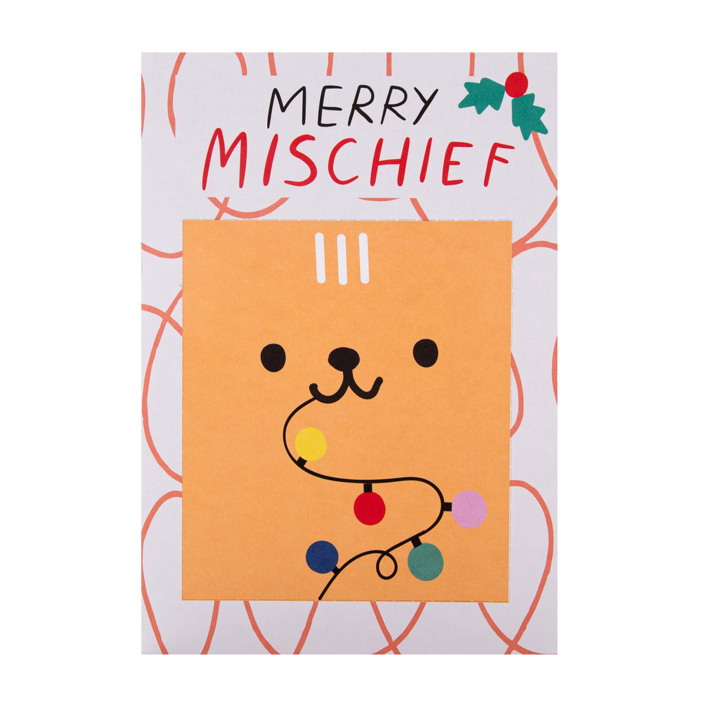 Christmas Card for Pets - Cute Merry Mischief Design with Pop Out Front Frame and Selfie Props