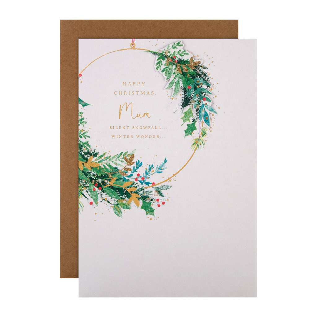 Christmas Card for Mum - Classic Wreath Design with 3D Add Ons and Textured Foil