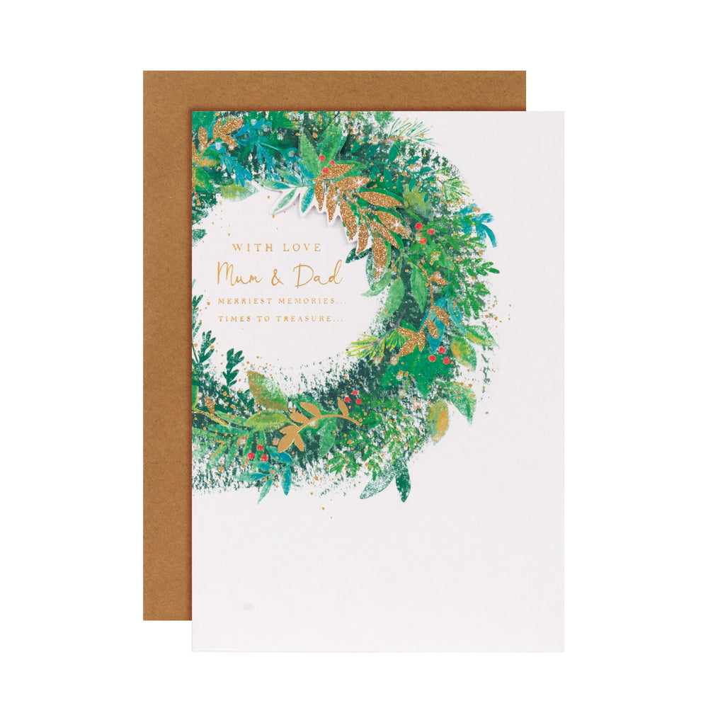 Christmas Card for Mum and Dad - Classic 3D Effect Festive Wreath Design