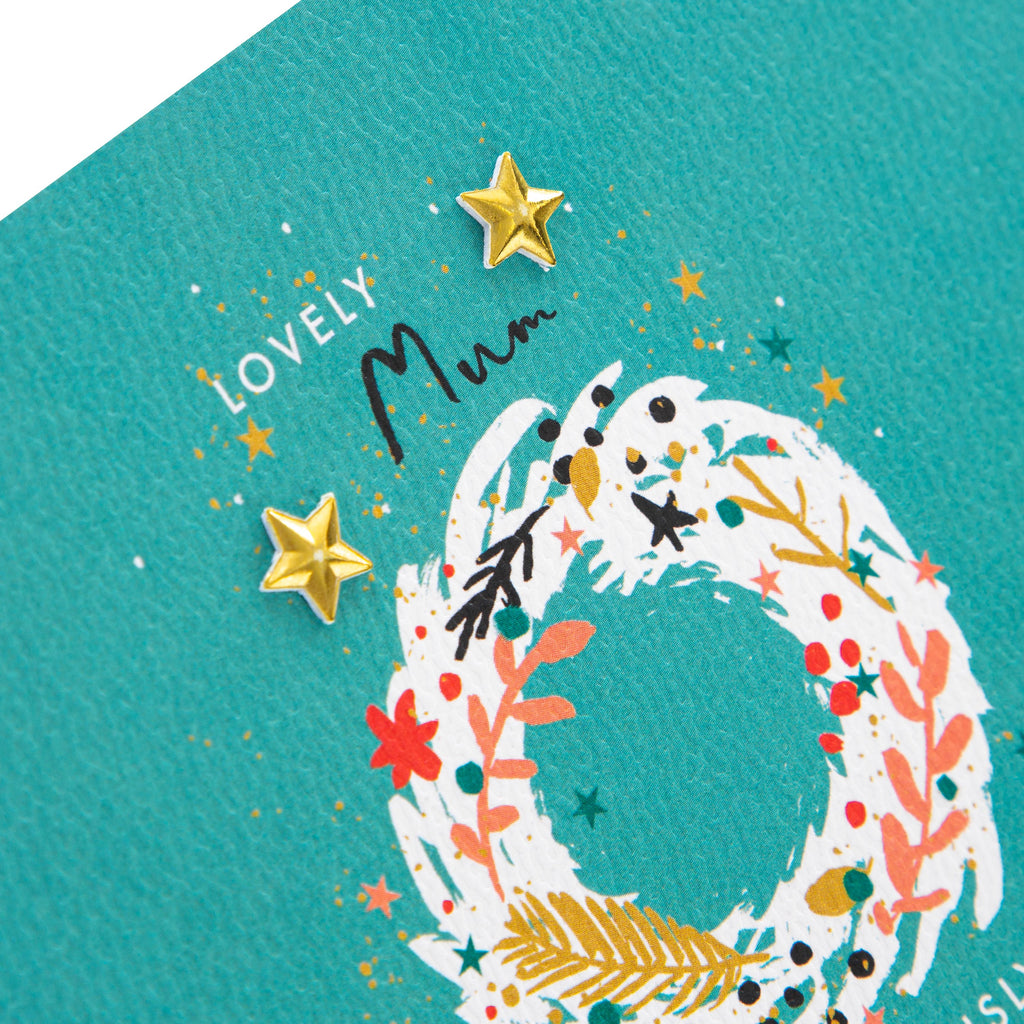 Christmas Card for Mum - Contemporary Wreath Design with Gold Star Attachments