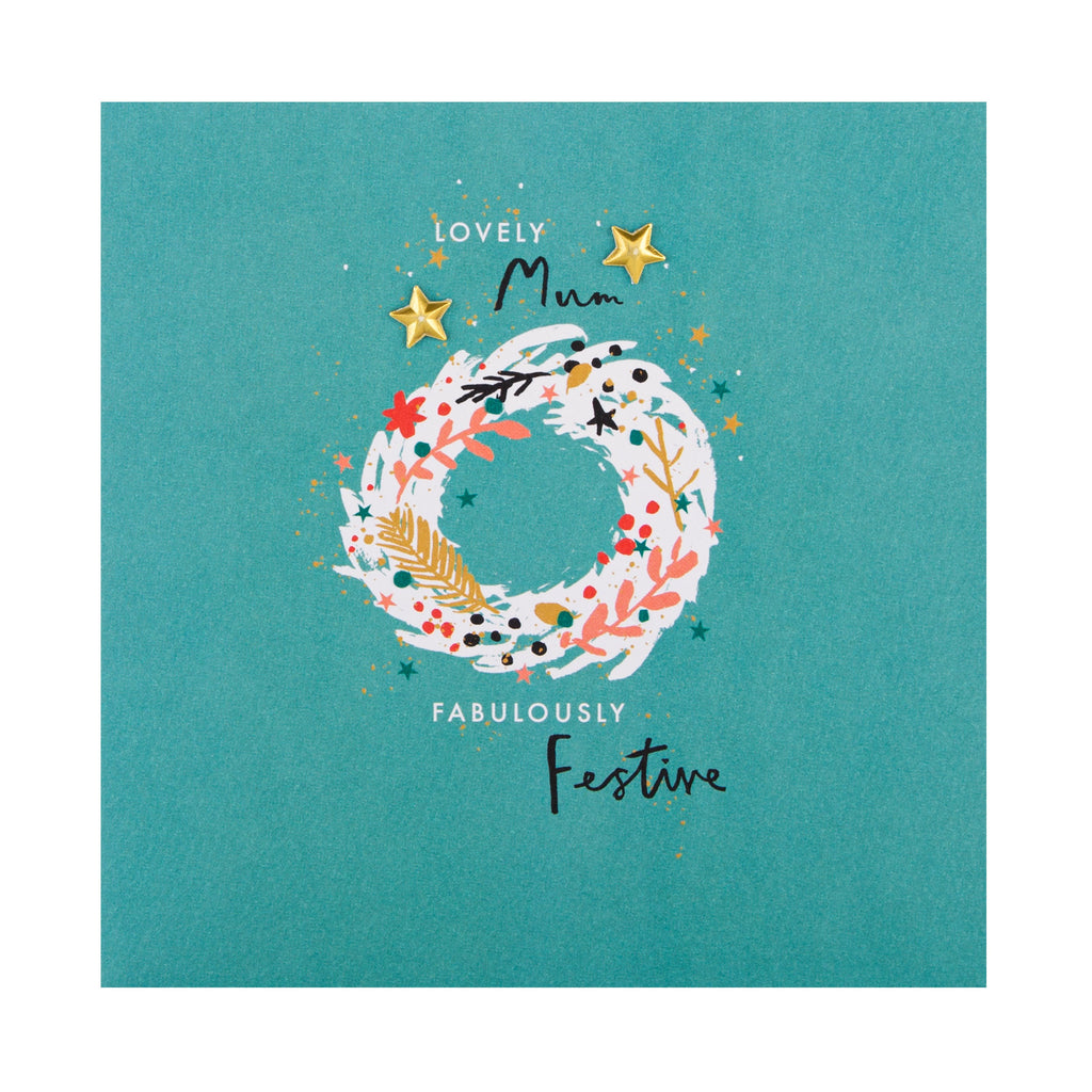 Christmas Card for Mum - Contemporary Wreath Design with Gold Star Attachments