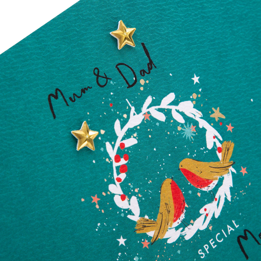 Christmas Card for Mum and Dad - Wreath and Robins Design with Gold Star Attachments