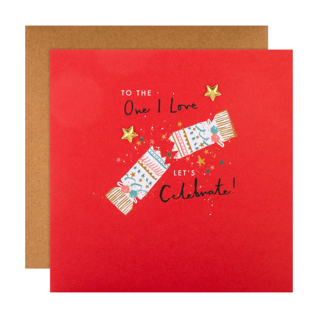 Christmas Card for The One I Love - Festive Cracker Design with Gold Star Attachments
