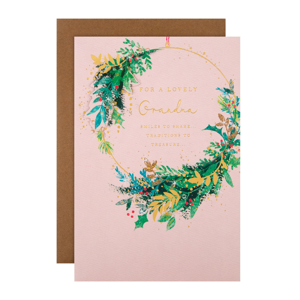 Christmas Card for Grandma - Classic Wreath Design with 3D Add On and Gold Foil