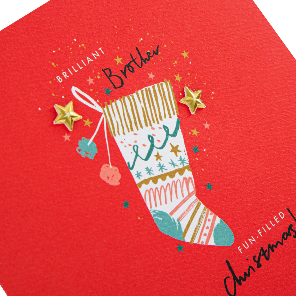 Christmas Card for Brother - Stocking Design with Innovative Moulded Paper Charm Attachments