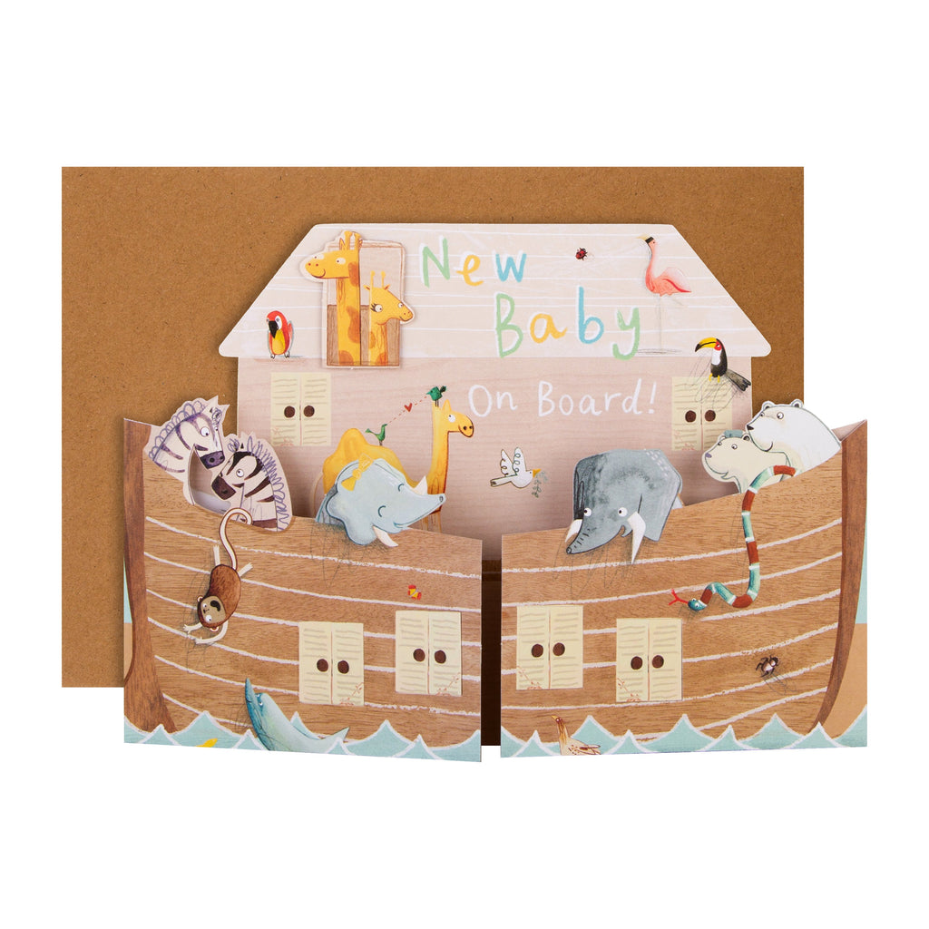 New Baby Congratulations Card - 3D Fold-Out Cute Animal Ark Design