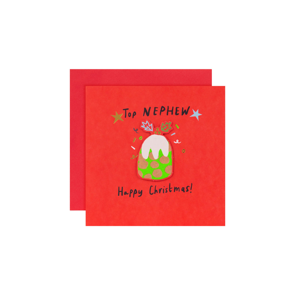 Christmas Card for Nephew - Fun 3D Effect Christmas Pudding Design