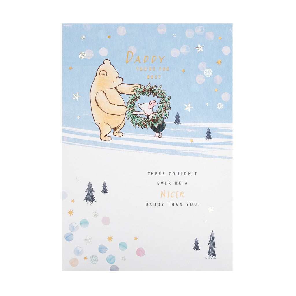 Christmas Card for Daddy - Disney™ Winnie the Pooh Cute Wreath Design with Gold and Silver Foil