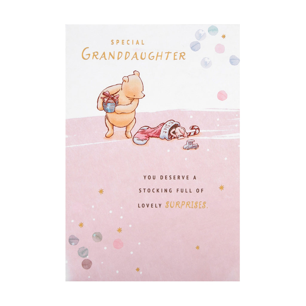 Christmas Card for Granddaughter - Disney™ Winnie the Pooh Cute Stocking Design with Gold Foil