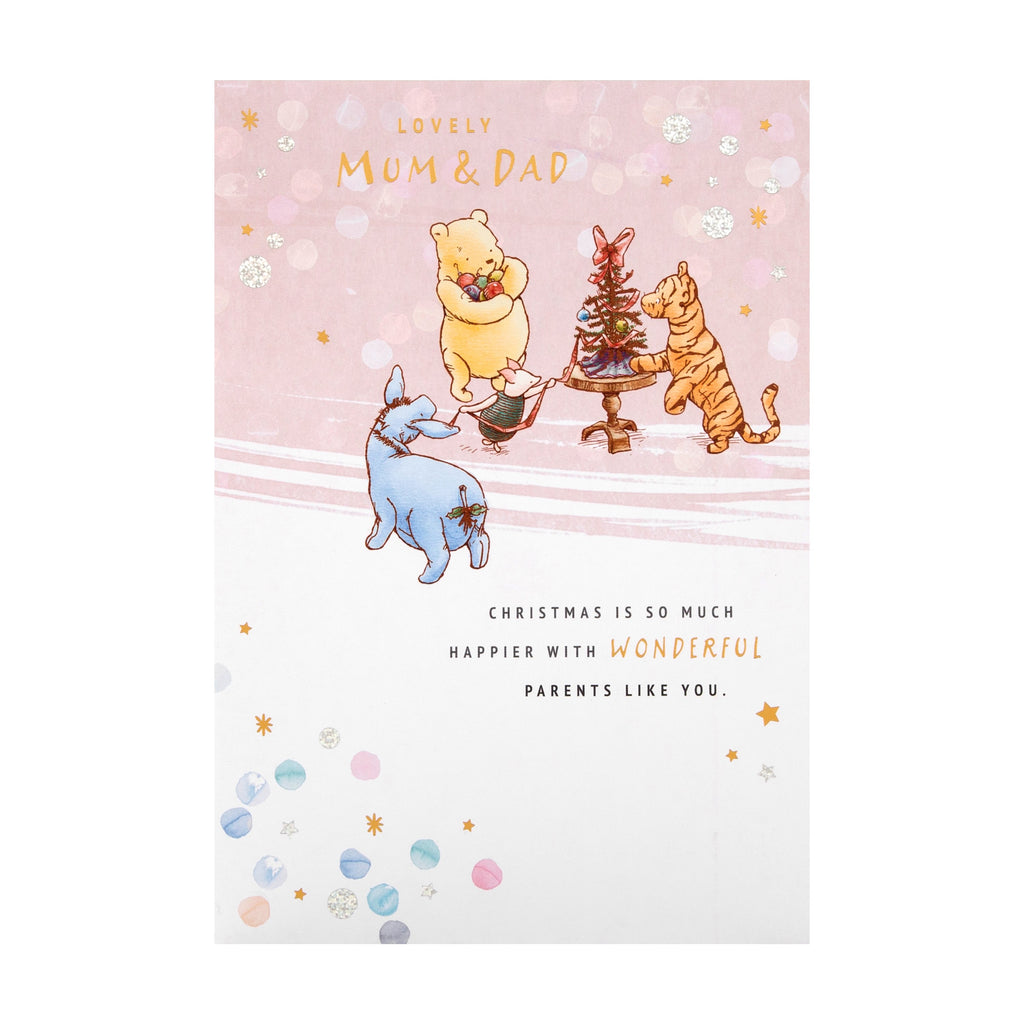 Christmas Card for Mum and Dad - Disney™ Winnie the Pooh Cute Tree Decorating Design with Gold and Silver Foil