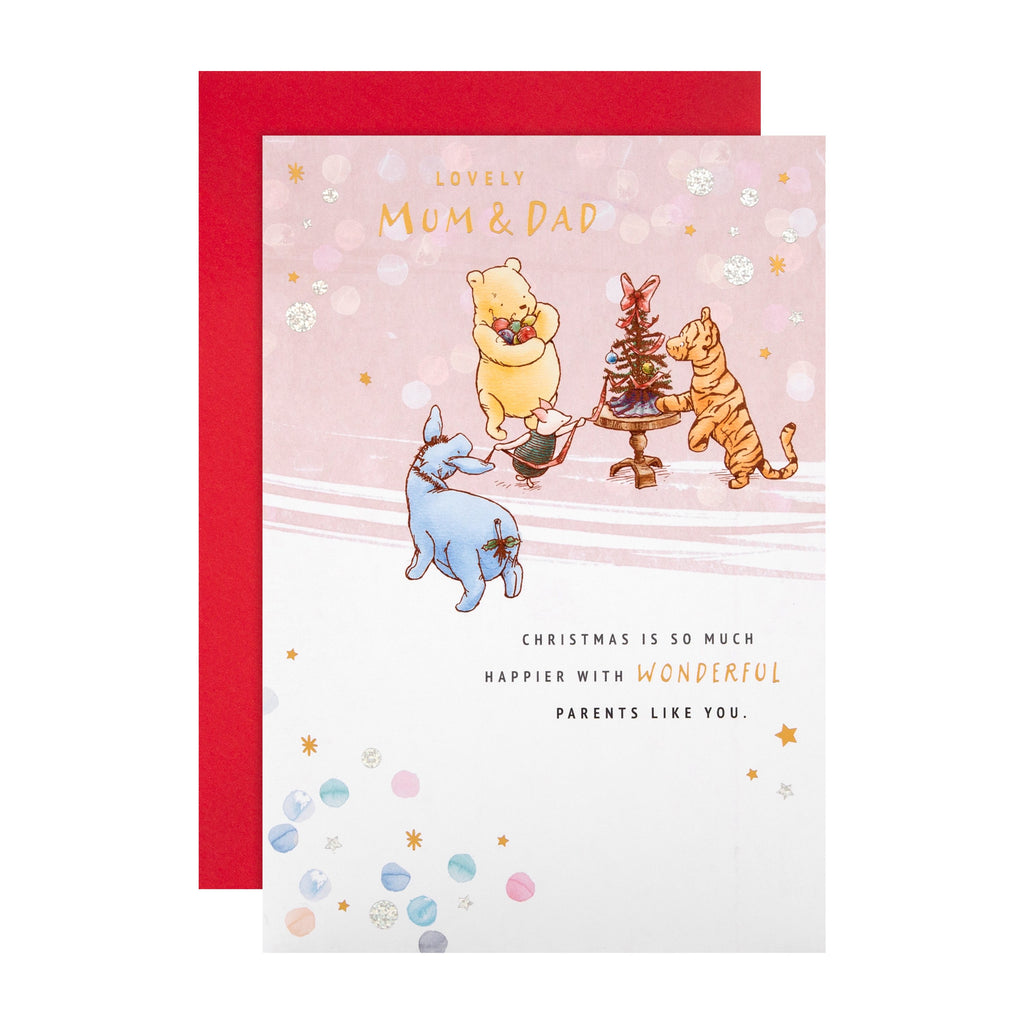Christmas Card for Mum and Dad - Disney™ Winnie the Pooh Cute Tree Decorating Design with Gold and Silver Foil