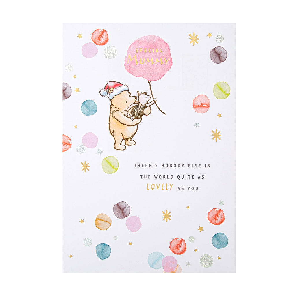 Christmas Card for Mummy - Disney™ Winnie the Pooh Cute Balloon Design with Gold and Silver Foil