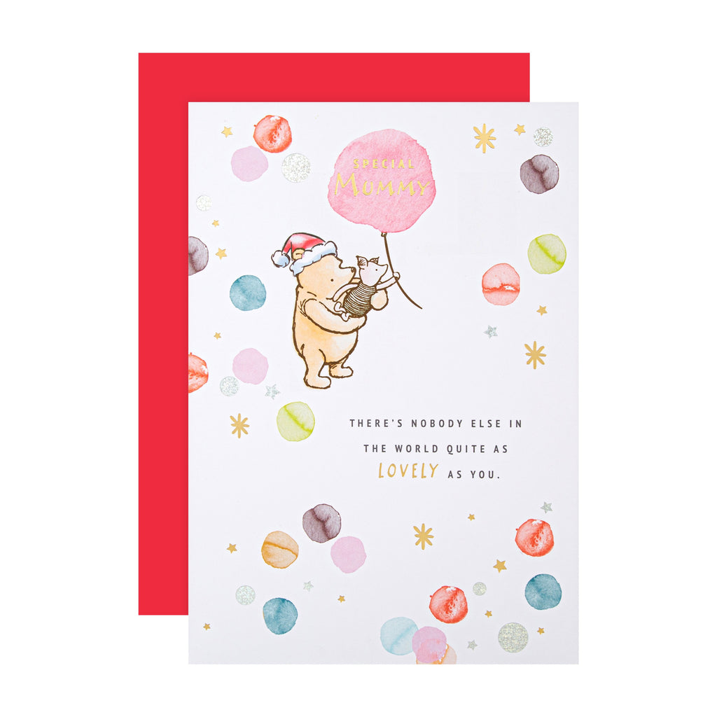 Christmas Card for Mummy - Disney™ Winnie the Pooh Cute Balloon Design with Gold and Silver Foil