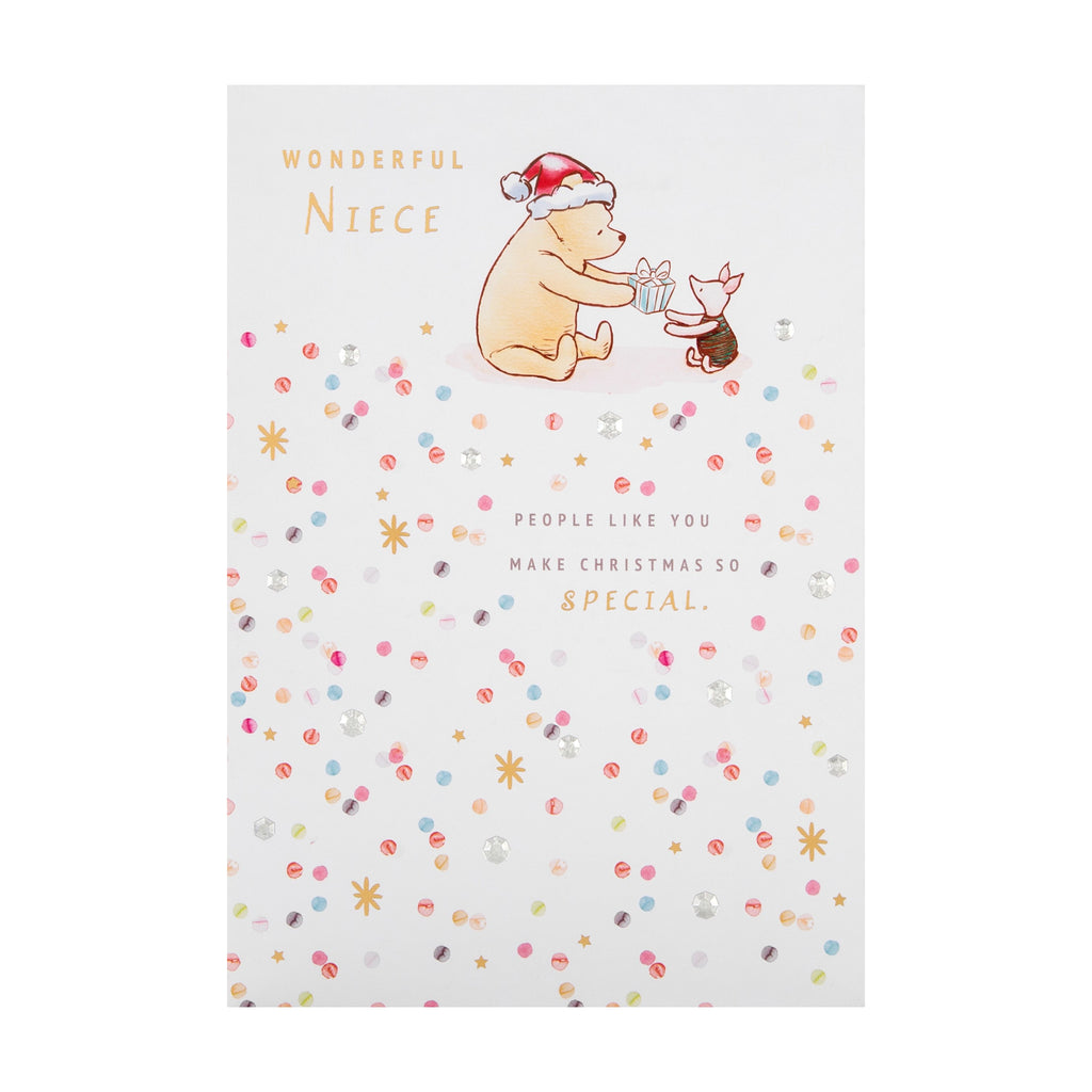 Christmas Card for Niece - Disney™ Winnie the Pooh Cute Parcel Design with Gold and Silver Foil