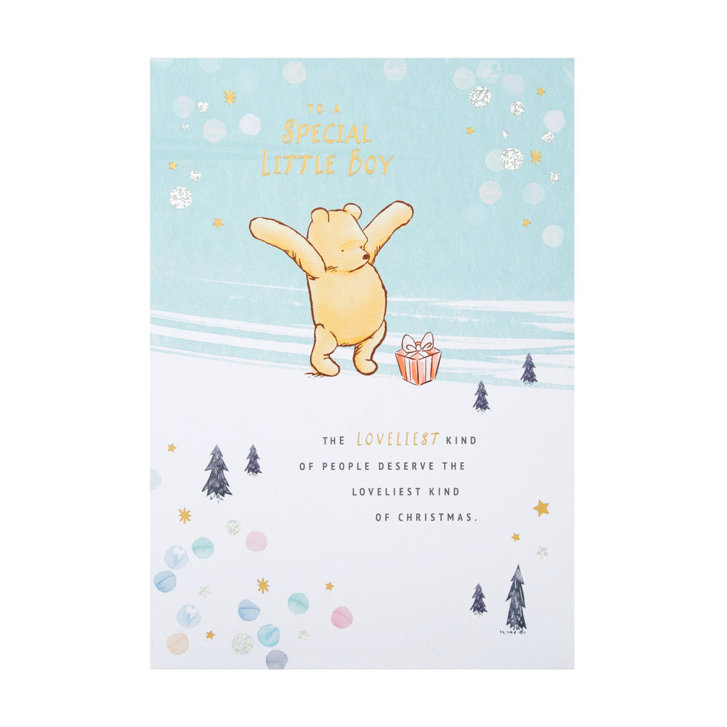 Christmas Card for Little Boy - Disney™ Winnie the Pooh Cute Snow Design with Gold and Silver Foil