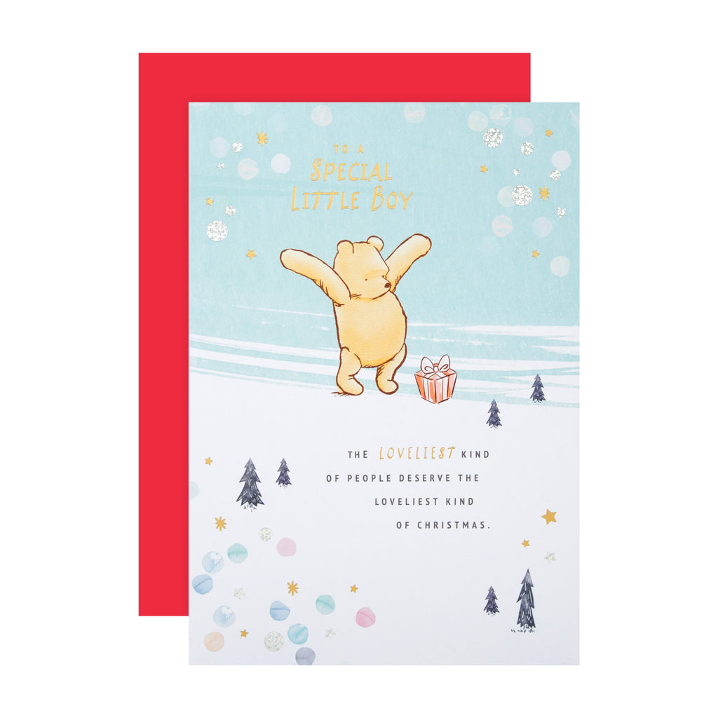 Christmas Card for Little Boy - Disney™ Winnie the Pooh Cute Snow Design with Gold and Silver Foil