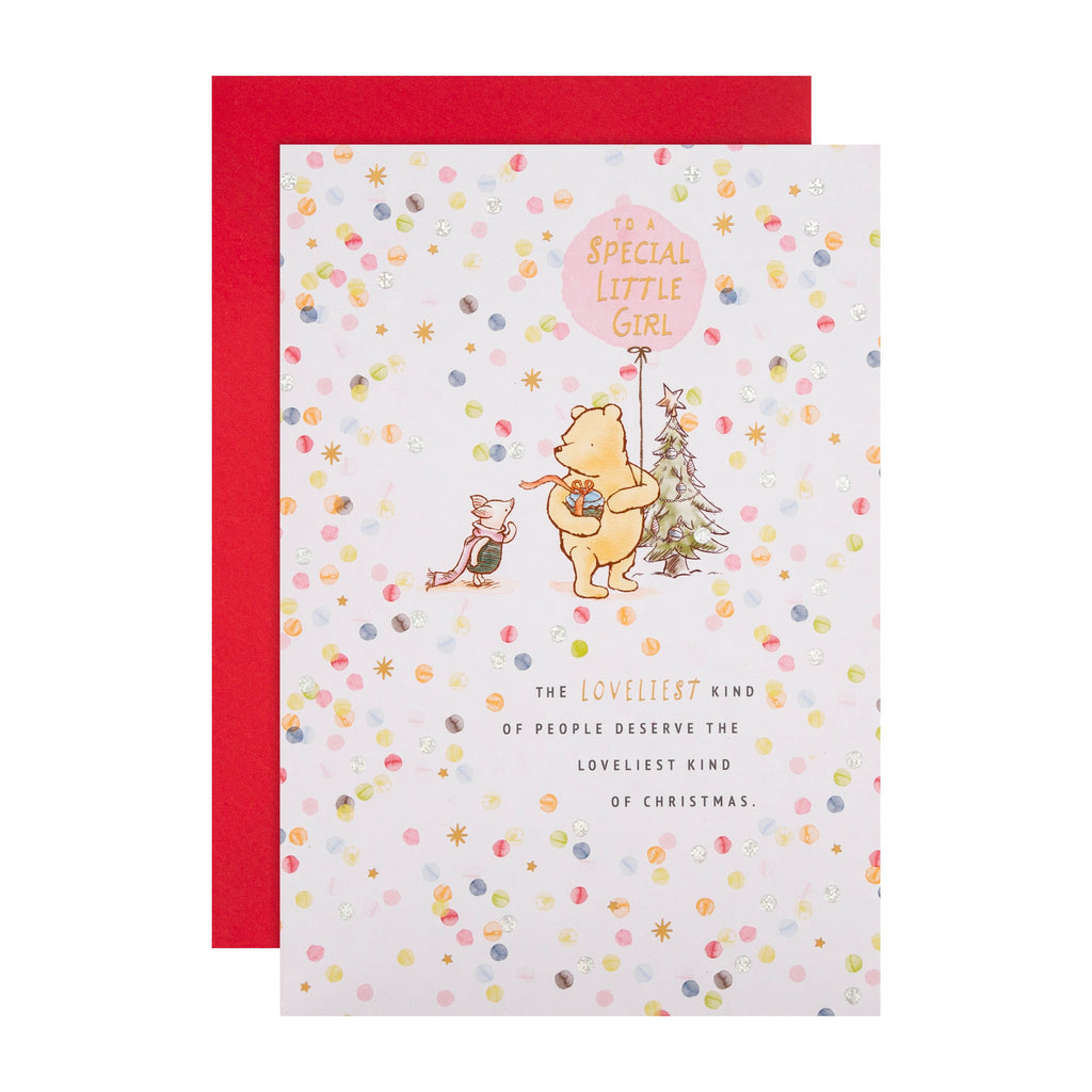 Christmas Card for Little Girl - Disney™ Winnie the Pooh Cute Balloon Design with Gold and Silver Foil