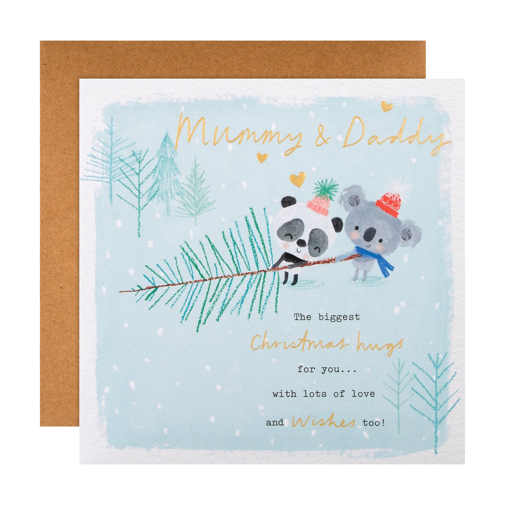 Christmas Card for Mummy and Daddy - Cute Winter Animals Design with Gold Foil