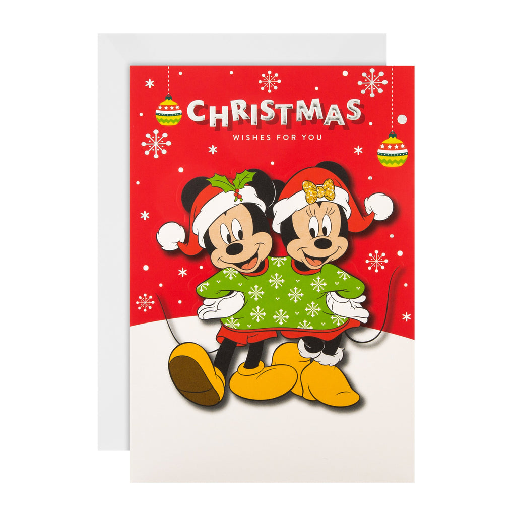 General Christmas Card - Cute Disney™ Mickey Mouse and Minnie Mouse Jumper Design with Silver Foil