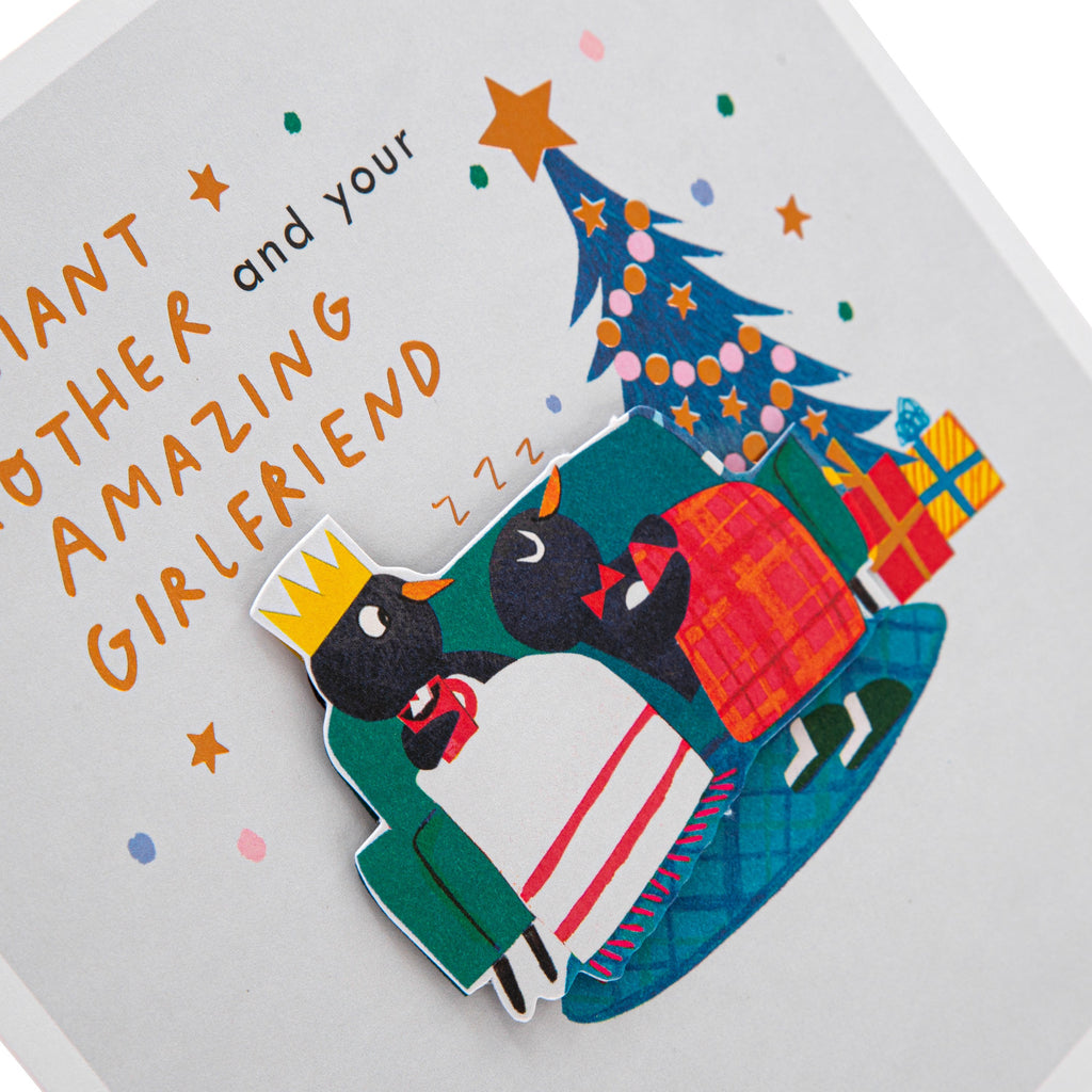 Christmas Card for Brother and Girlfriend - Cute Festive Penguins Design with 3D Add On and Copper Foil