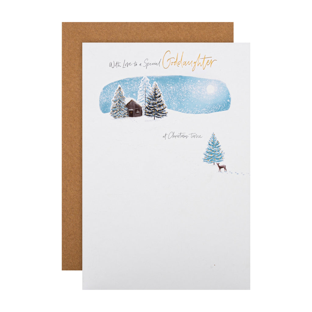 Christmas Card for Goddaughter - Classic Winter Night Snow Design with Gold Foil