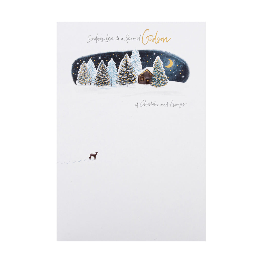 Christmas Card for Godson - Classic Winter Night Snow Design with Gold Foil