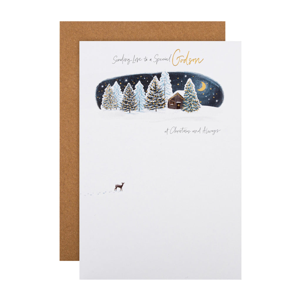 Christmas Card for Godson - Classic Winter Night Snow Design with Gold Foil