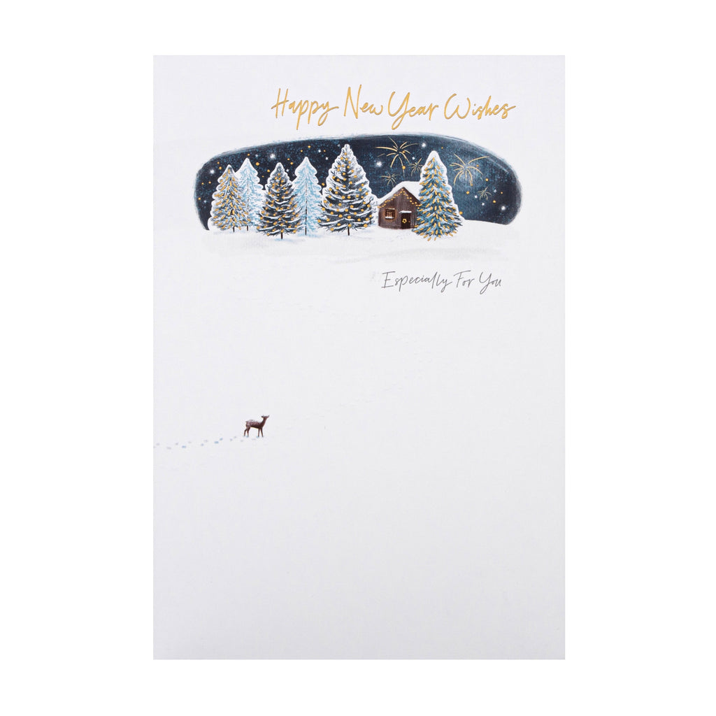 Happy New Year Card - Classic Winter's Snowy Night Design with Gold Foil