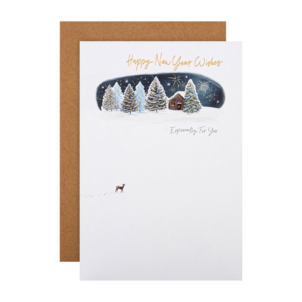 Happy New Year Card - Classic Winter's Snowy Night Design with Gold Foil